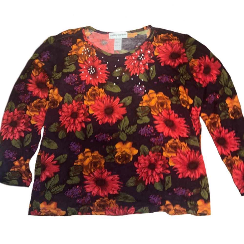 Vintage black floral long slevee with rhinestones